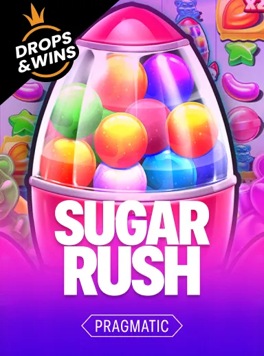 Изображение популярного слота Sugar Rush от Pragmatic Play, наполненного конфетами и каскадными выигрышами.